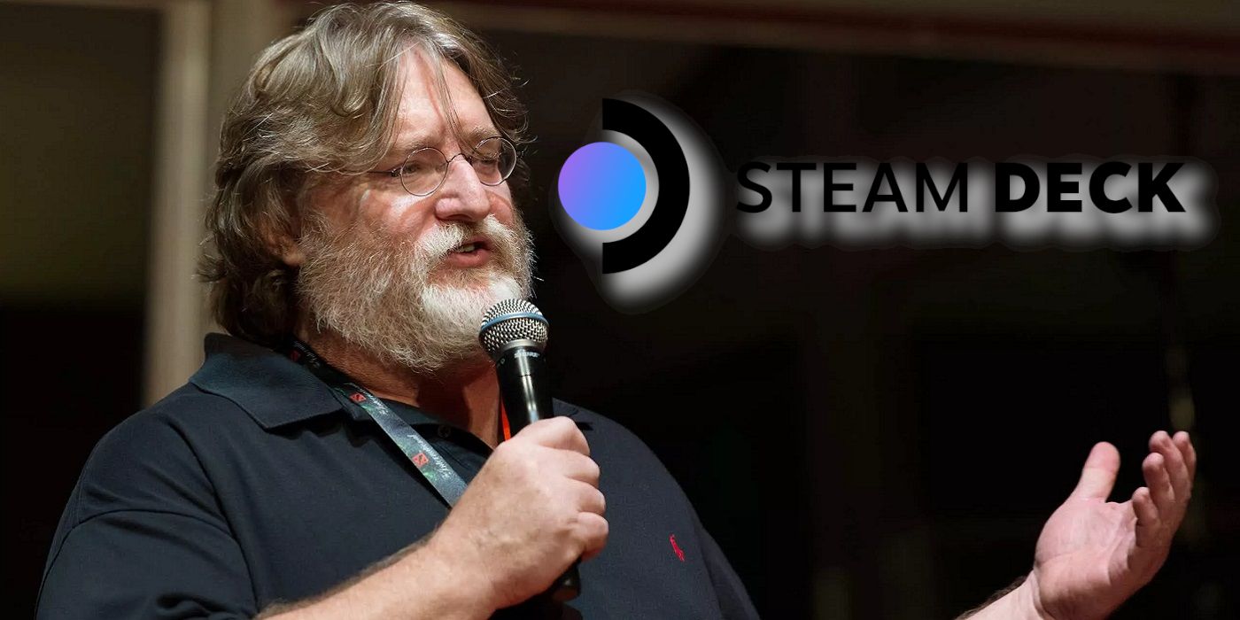 A photo of Gabe Newell with the Steam Deck logo next to him.