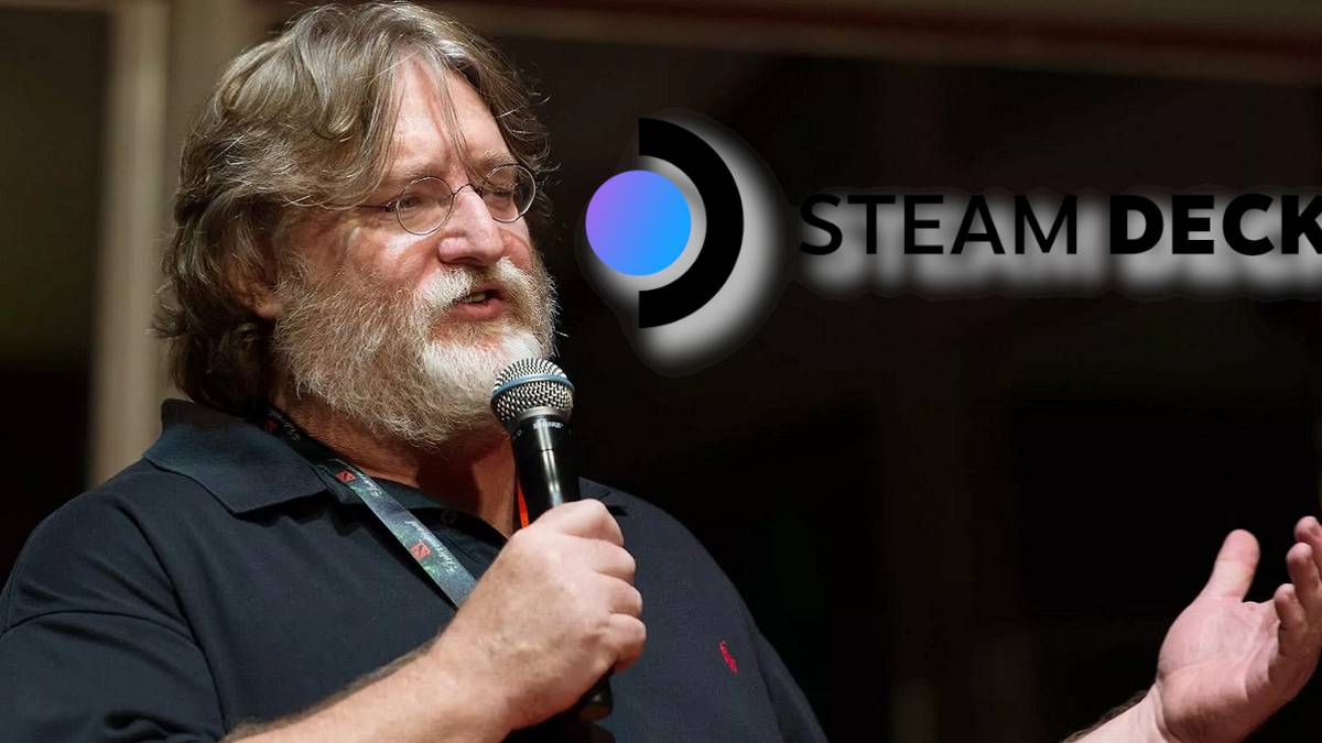 A photo of Gabe Newell with the Steam Deck logo next to him.