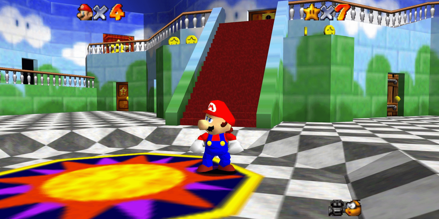 Screenshot from Super Mario 64 showing Mario inside the castle.