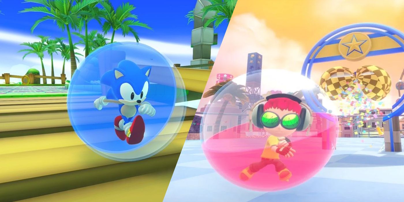 A split screen image of Sonic and Beat from their respective appearances in the Super Monkey Ball franchise.