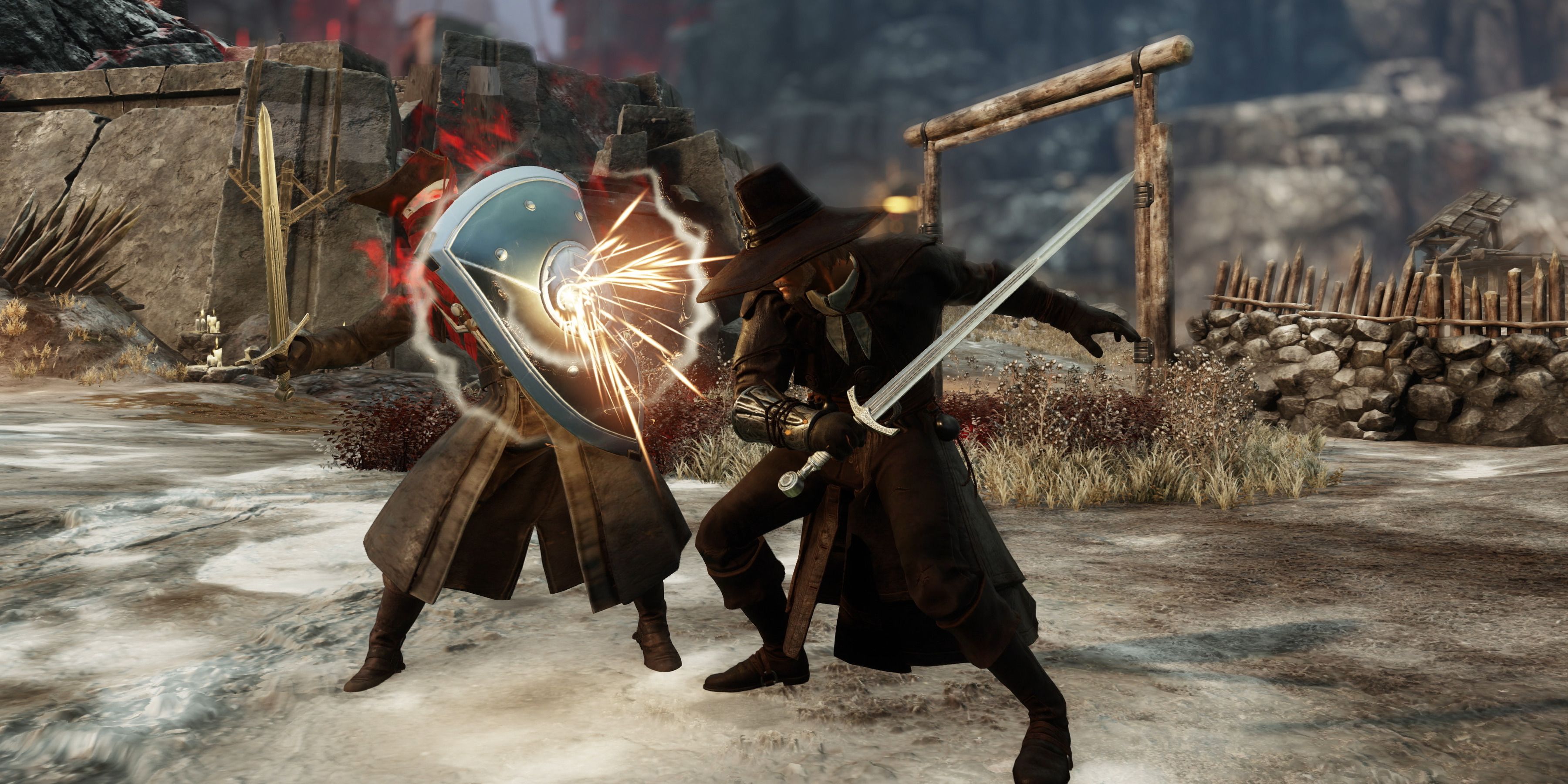Screenshot MMO New World players fighting sword and shield