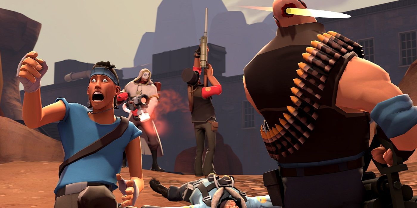 Image from Team Fortress 2 showing the Heavy being shot while the Scout runs away.