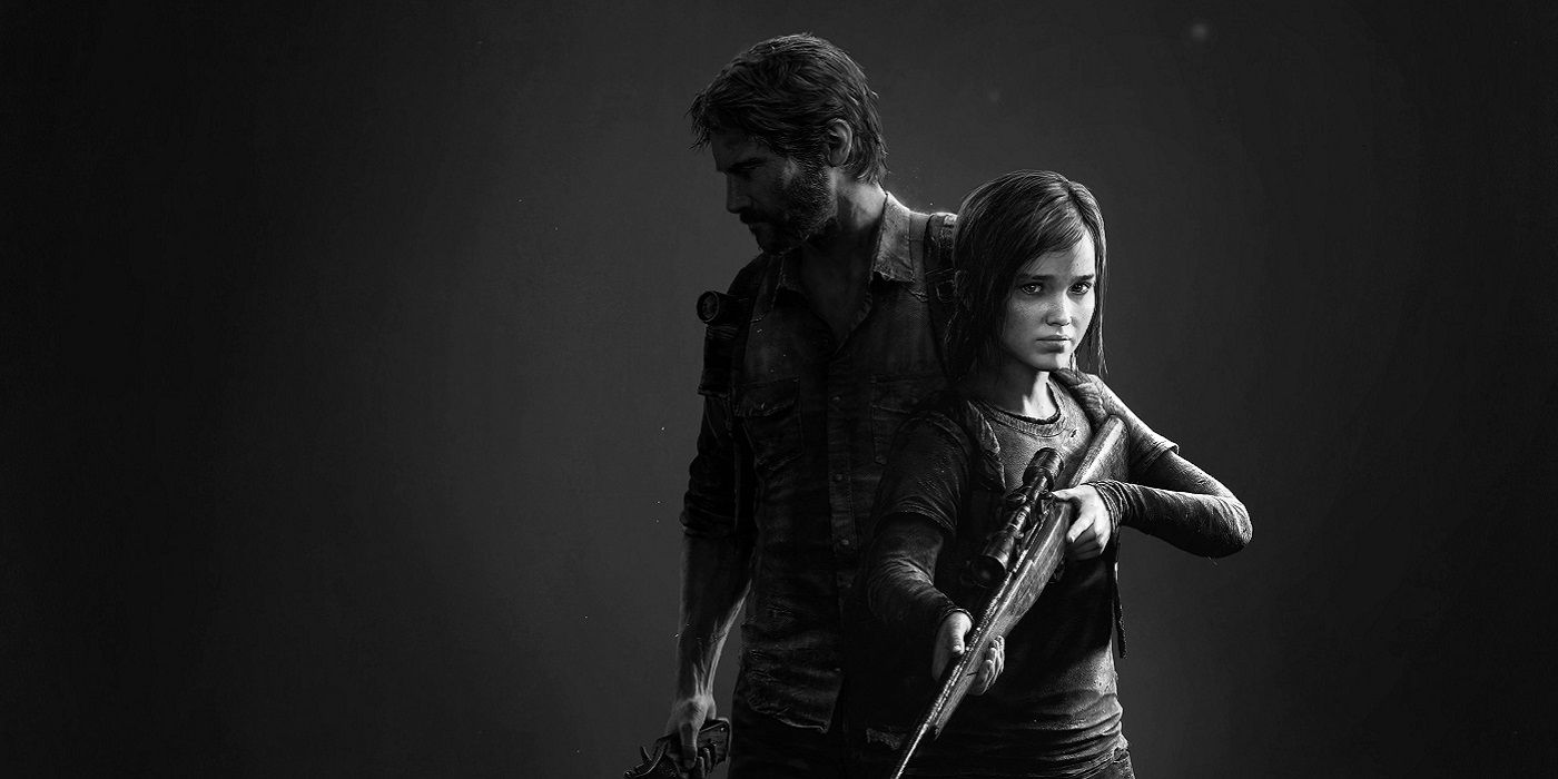 Black and white image showing Joel and Ellie from The last of Us.