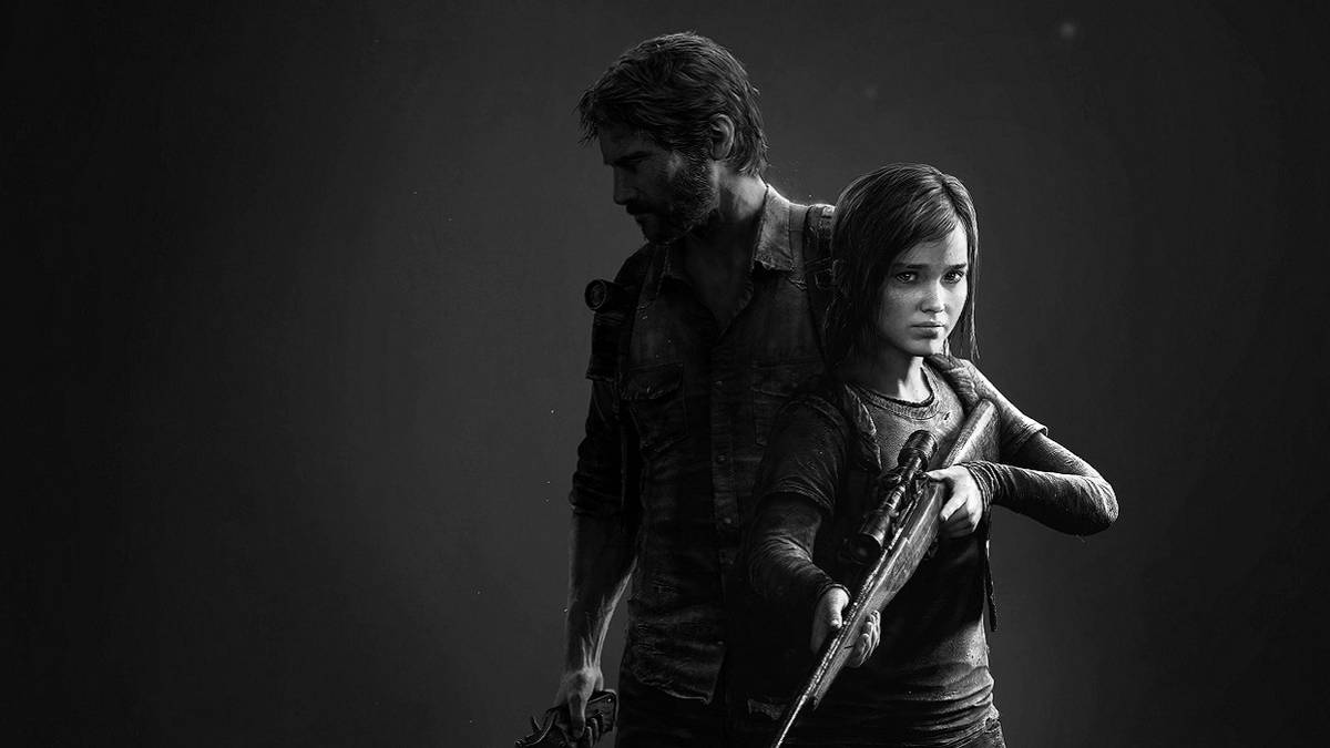Black and white image showing Joel and Ellie from The last of Us.