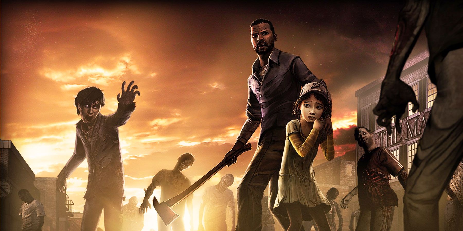 Man defending child with axe against horde of zombies in The Walking Dead Telltale Definitive Series