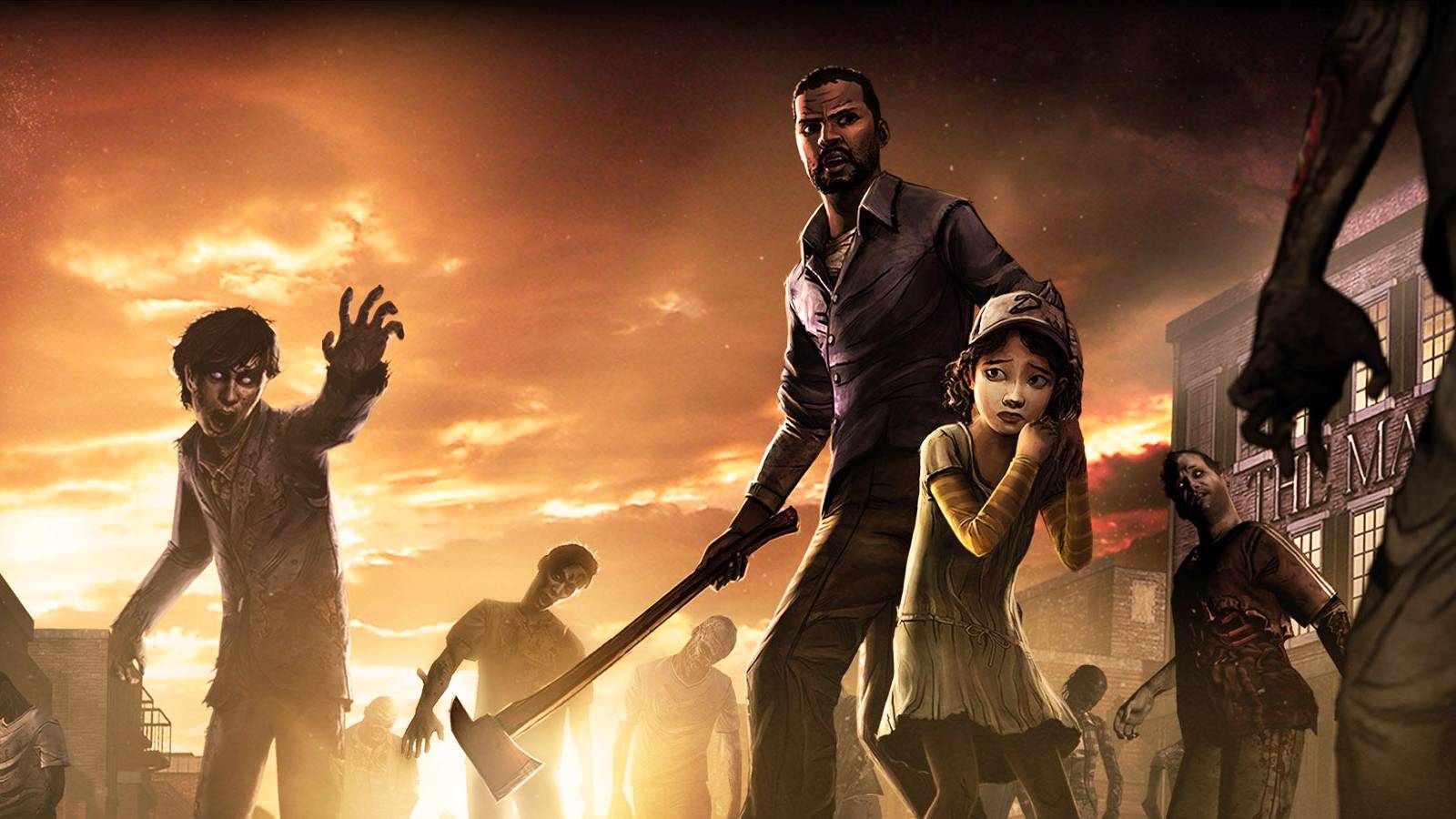 Man defending child with axe against horde of zombies in The Walking Dead Telltale Definitive Series