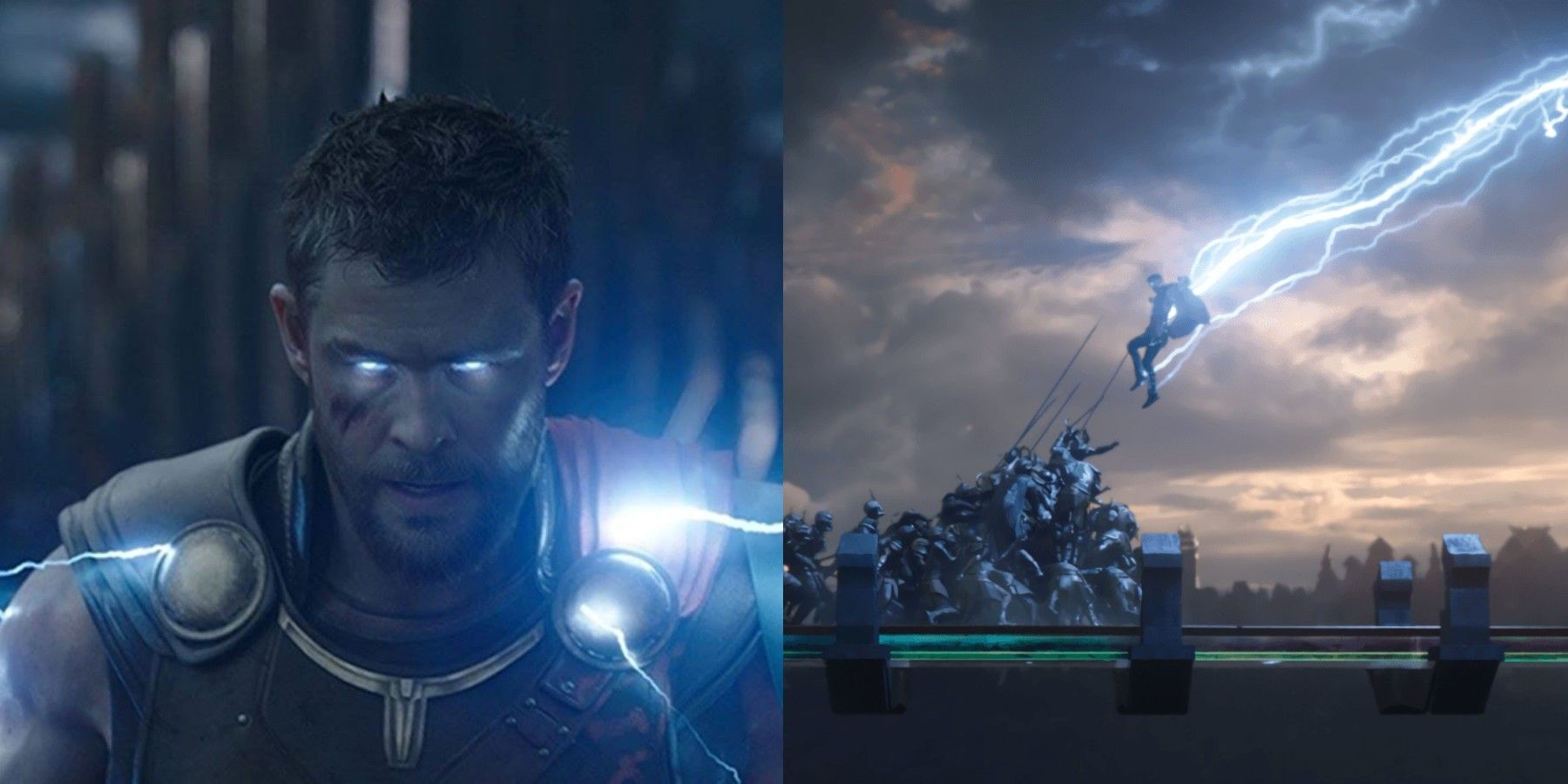 A split image depicts Thor with lightning in his eyes and pulling lightning to the bridge in Thor: Ragnarok