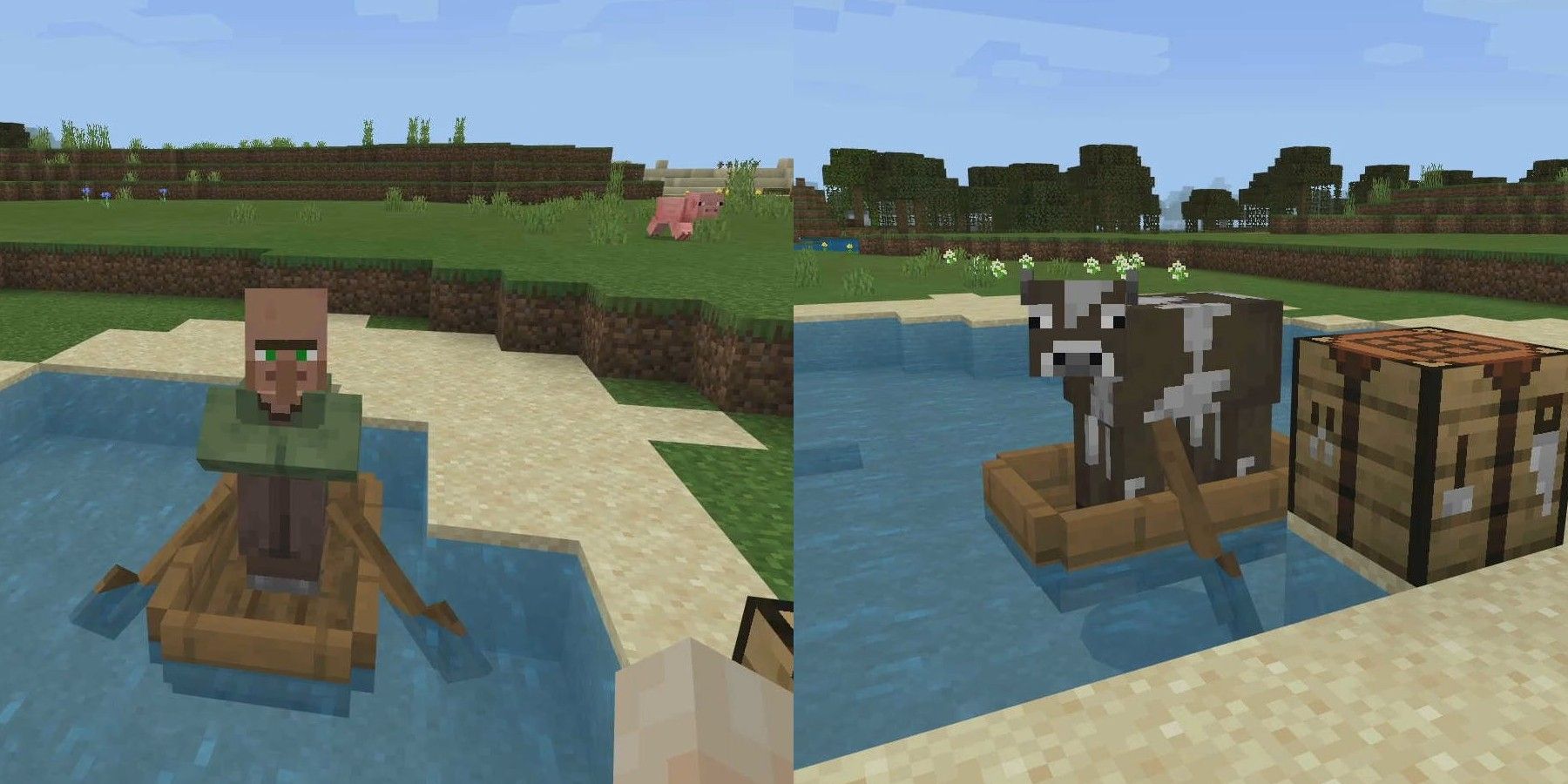villager and cow in a boat minecraft