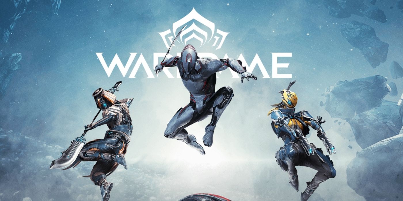 warframe characters jumping in front of logo