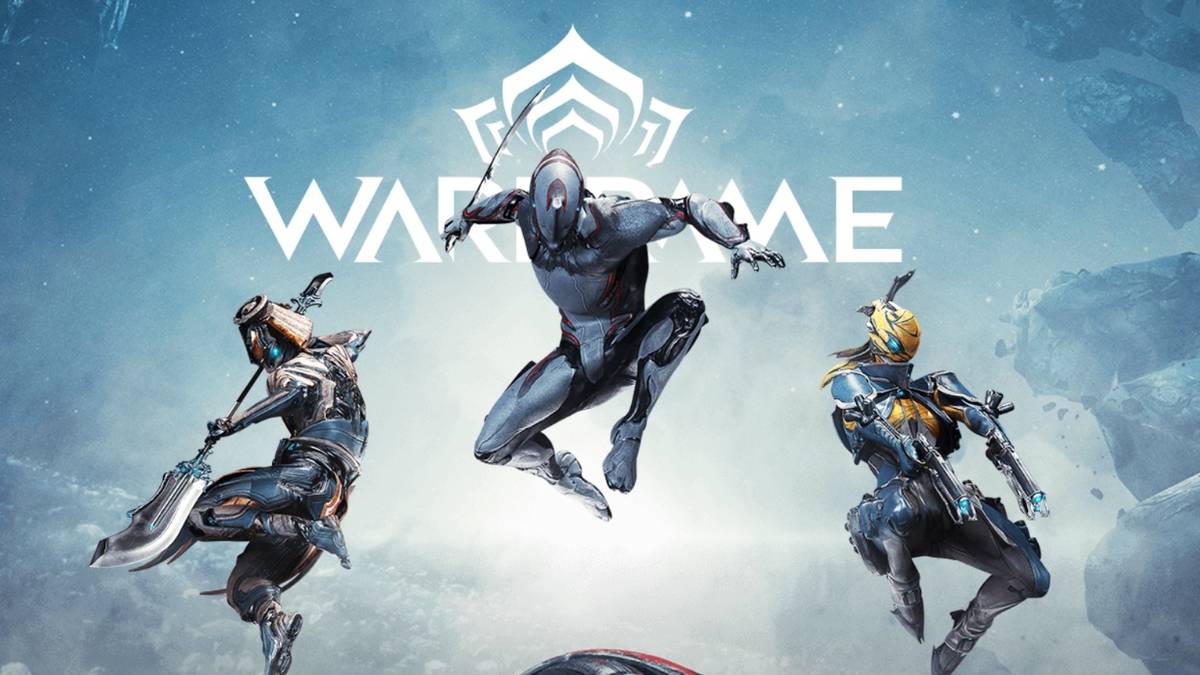 warframe characters jumping in front of logo