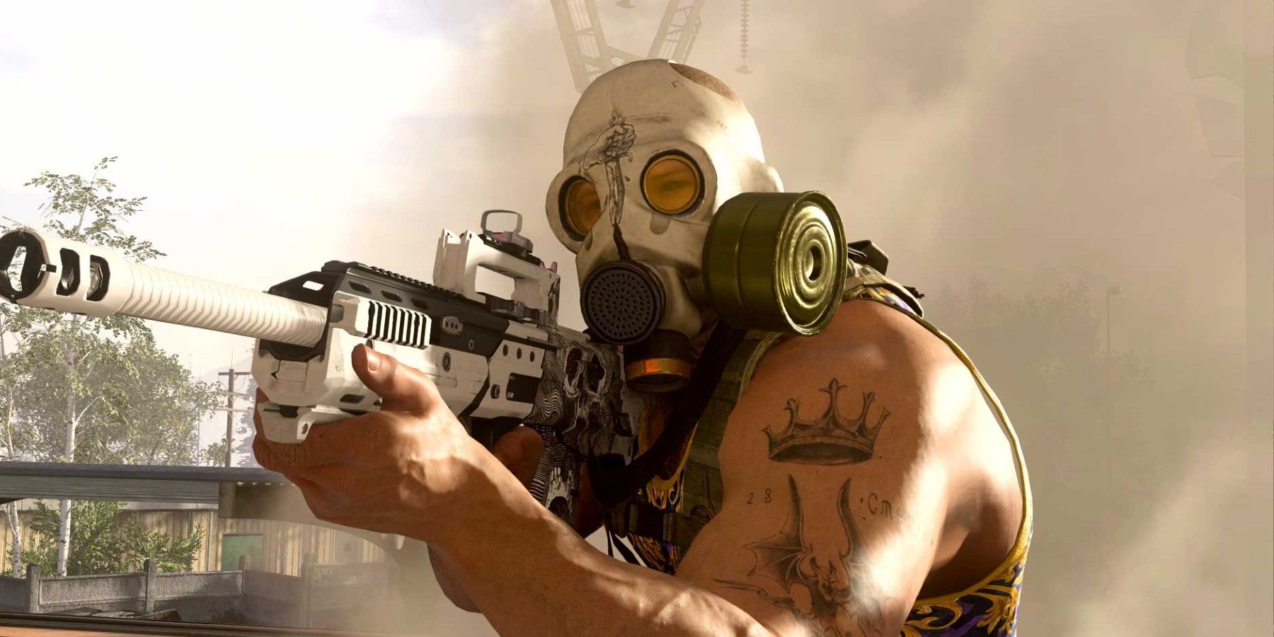 a warzone operator wearing a gas mask