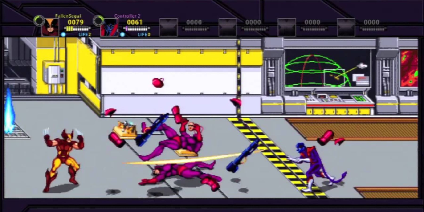 Wolverine and Nightcrawler fighting sentinals in the X-Men Arcade game