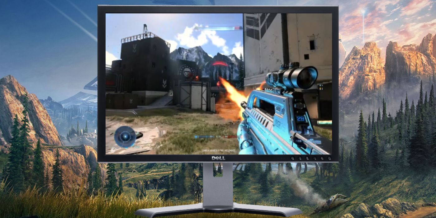 image of old monitor with halo infinite on screen and in bg