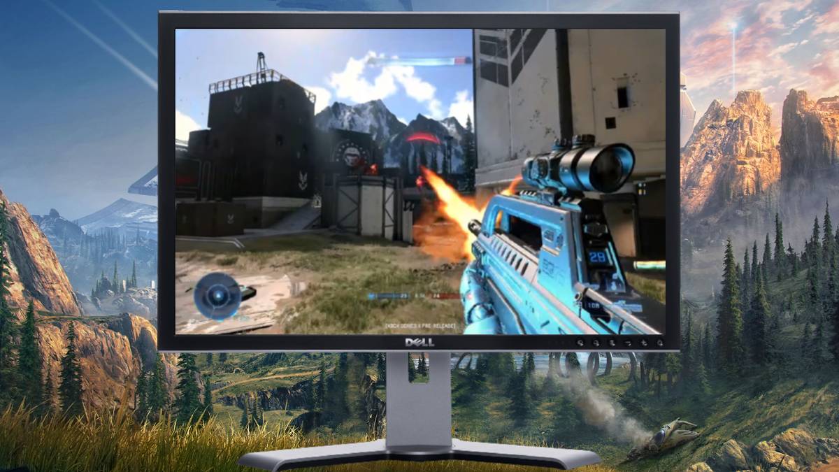image of old monitor with halo infinite on screen and in bg