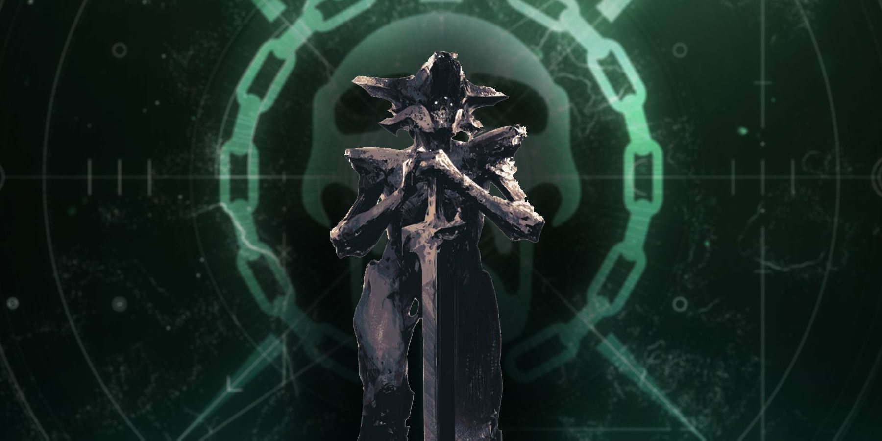 Destiny 2's Hive God of War, Xivu Arath, stands with her hand resting on the hilt of her Knight blade in front of a green raid symbol from the game.