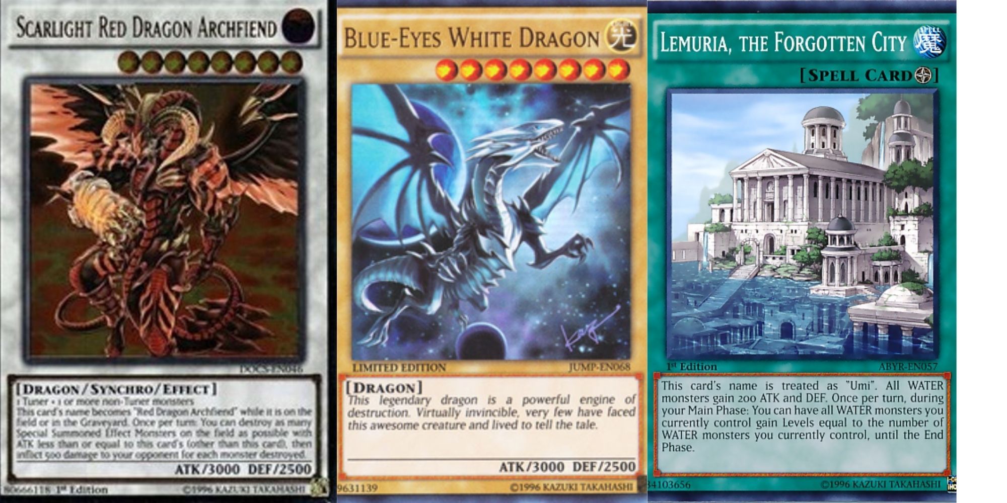 Split image of three Yu-Gi-Oh! cards: Scarlight Red Dragon Archfiend, Blue-Eyes White Dragon and Lemuria, The Forgotten City