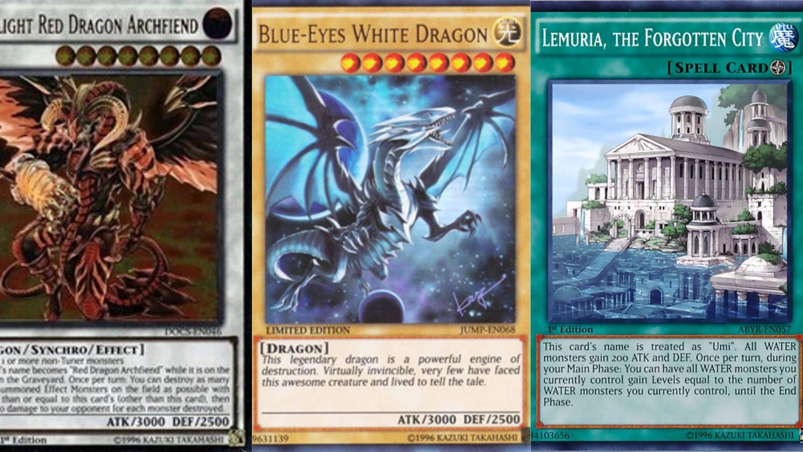 Split image of three Yu-Gi-Oh! cards: Scarlight Red Dragon Archfiend, Blue-Eyes White Dragon and Lemuria, The Forgotten City
