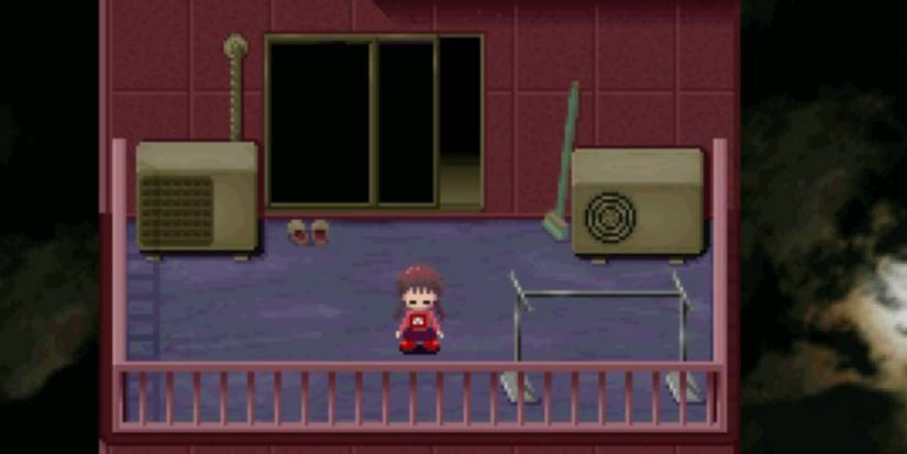 Girl standing on her balcony at night in Yume Nikki
