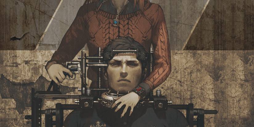 Zero Escape art of a man with his head in a contraption