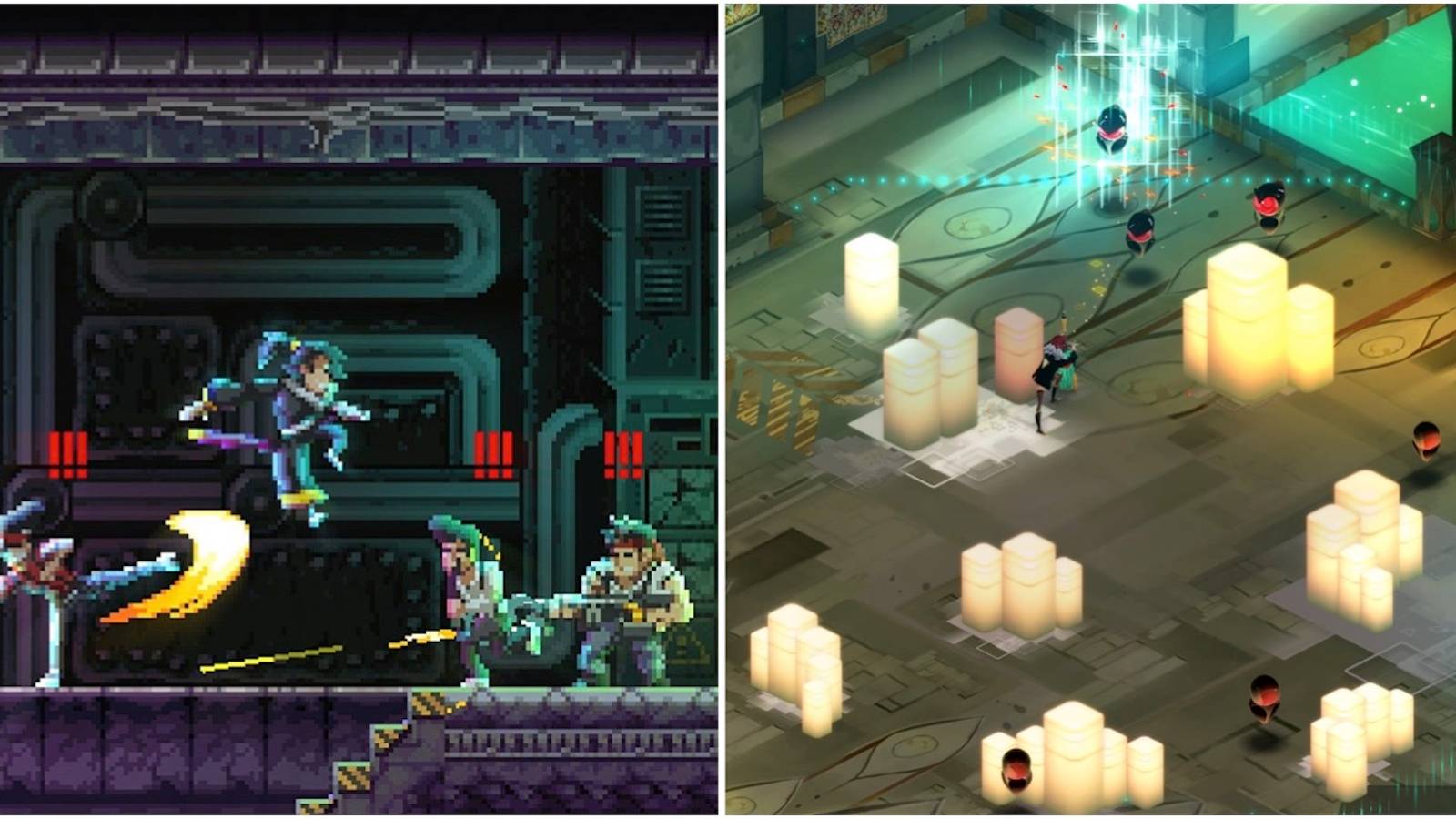 Fighting enemies in Katana Zero and Transistor