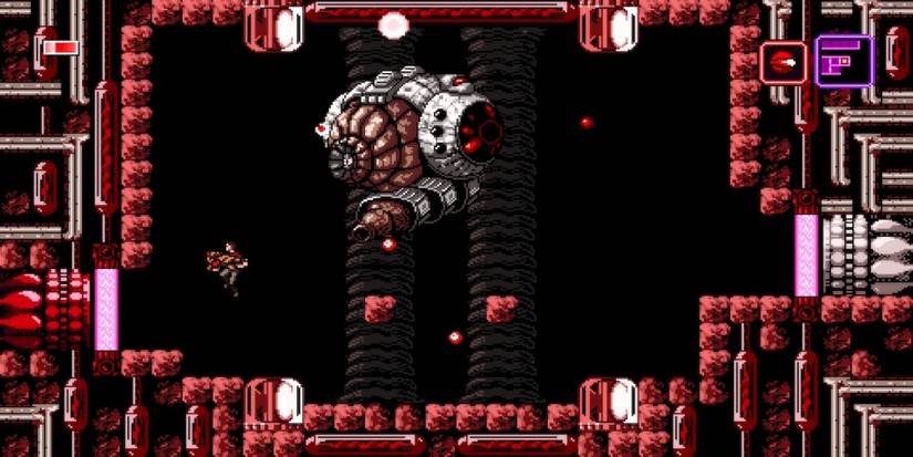 Fighting a boss in Axiom Verge 