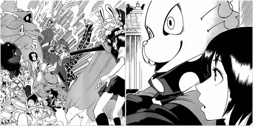 Panels from the Oumagadoki Doubutsuen manga featuring various characters 