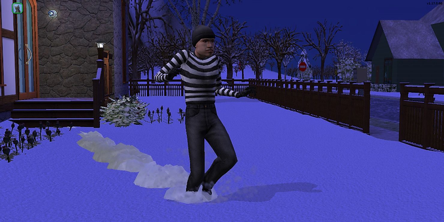 The Sims 2 burglar walks throw snow