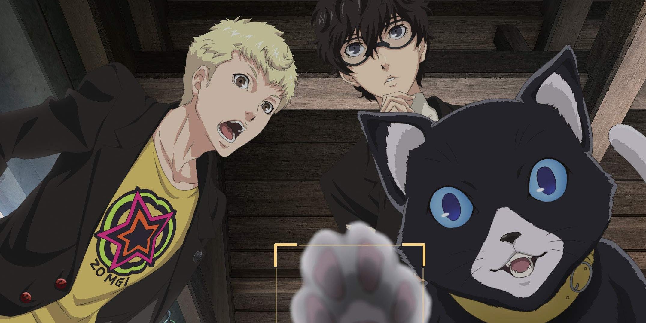 Phantom Thieves of Persona 5 Joker, Ryuji and Morgana together seemingly looking into camera