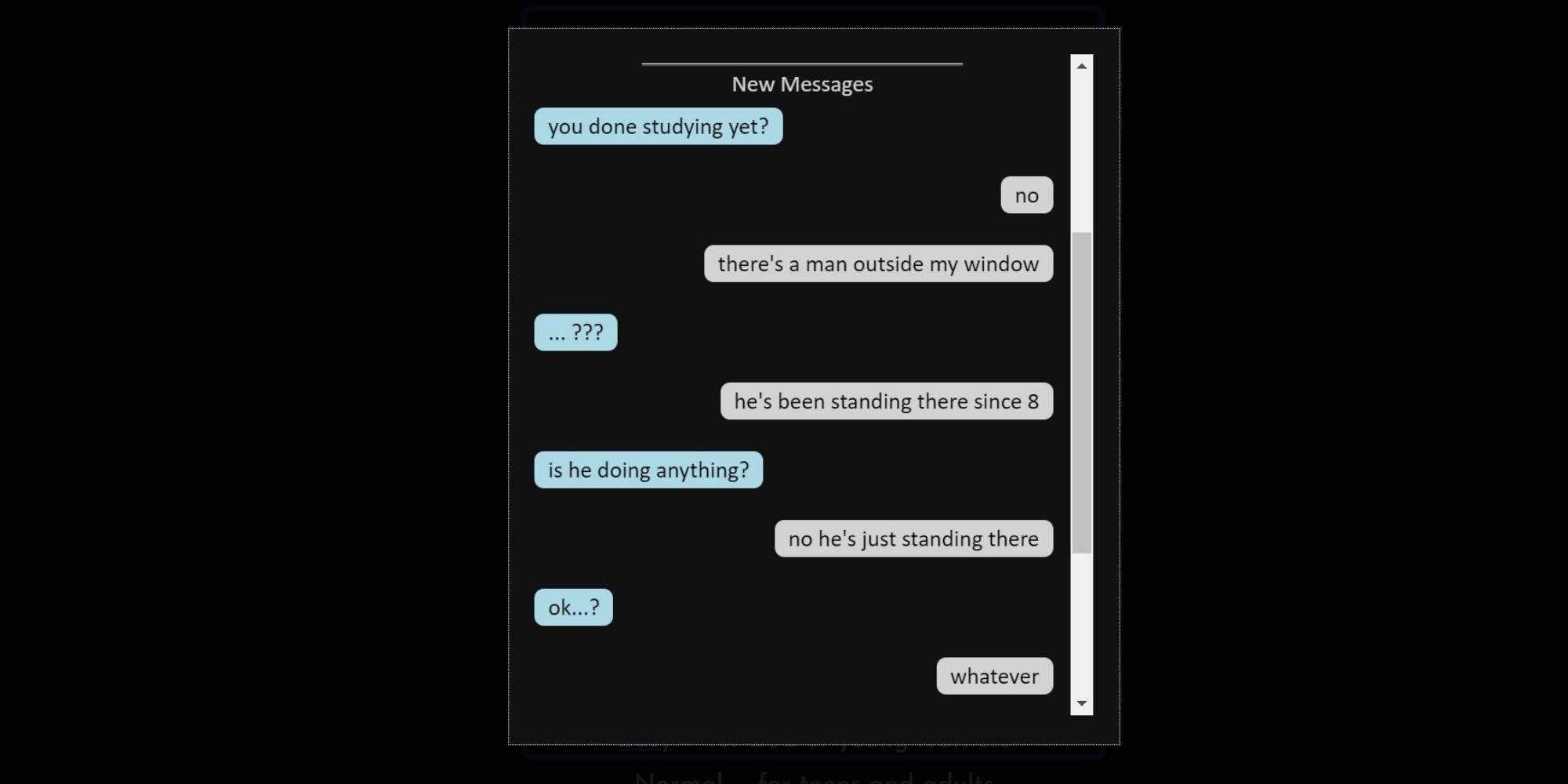 Text messsage-style dialog in A Man Outside
