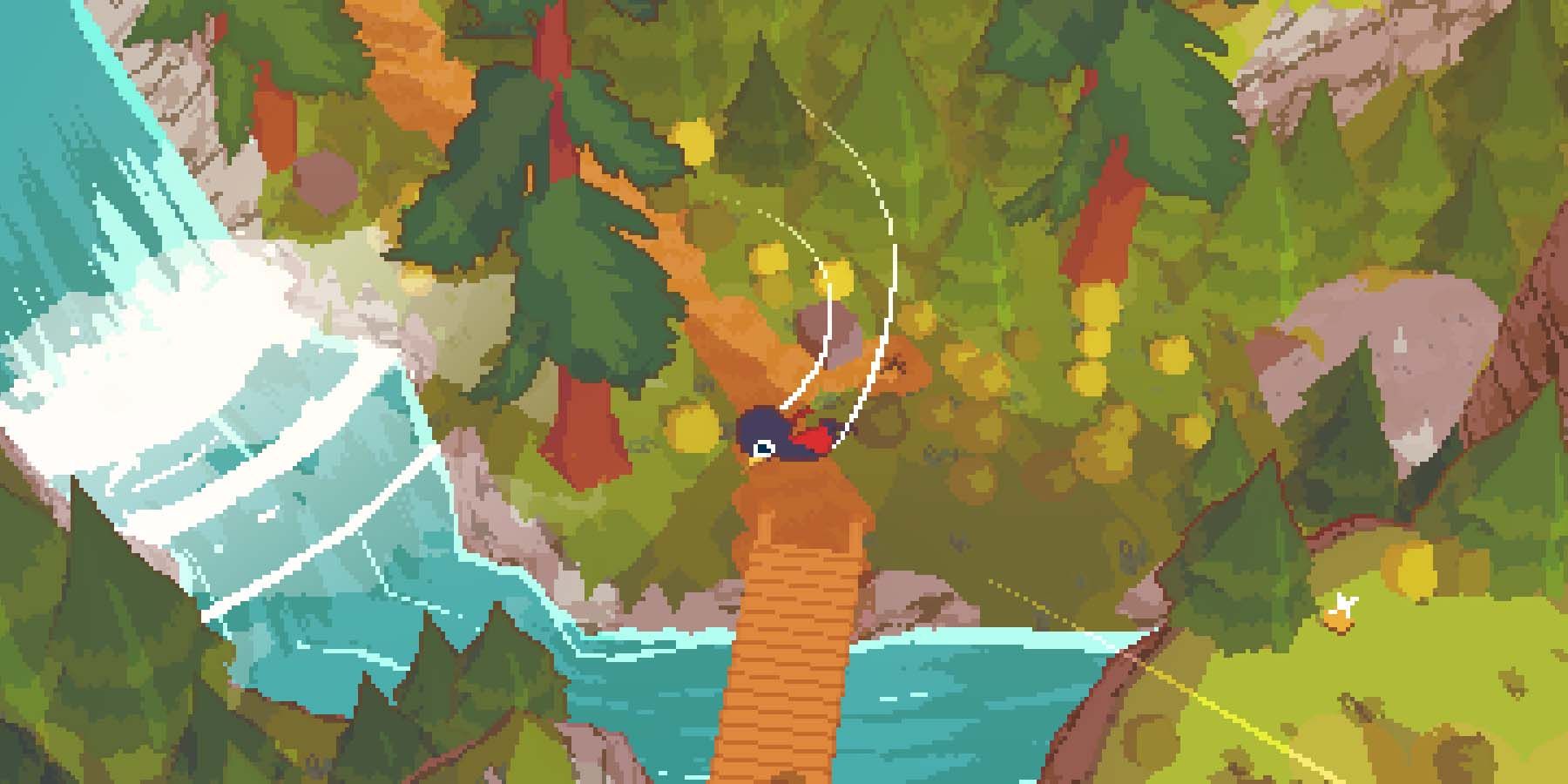 bird protagonist soaring through the skies above a waterfall in a short hike