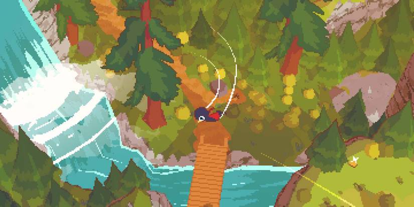 bird protagonist soaring through the skies above a waterfall in a short hike