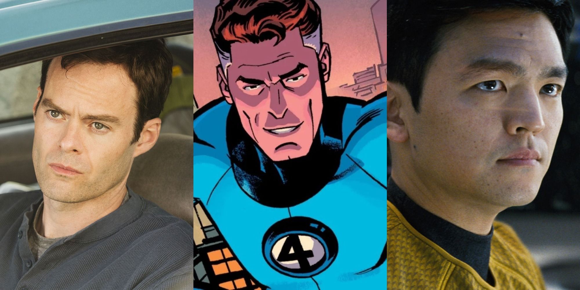 Split image of Bill Hader, Reed Richards in Fantastic Four and John Cho