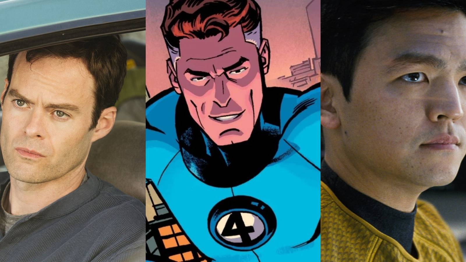 Split image of Bill Hader, Reed Richards in Fantastic Four and John Cho