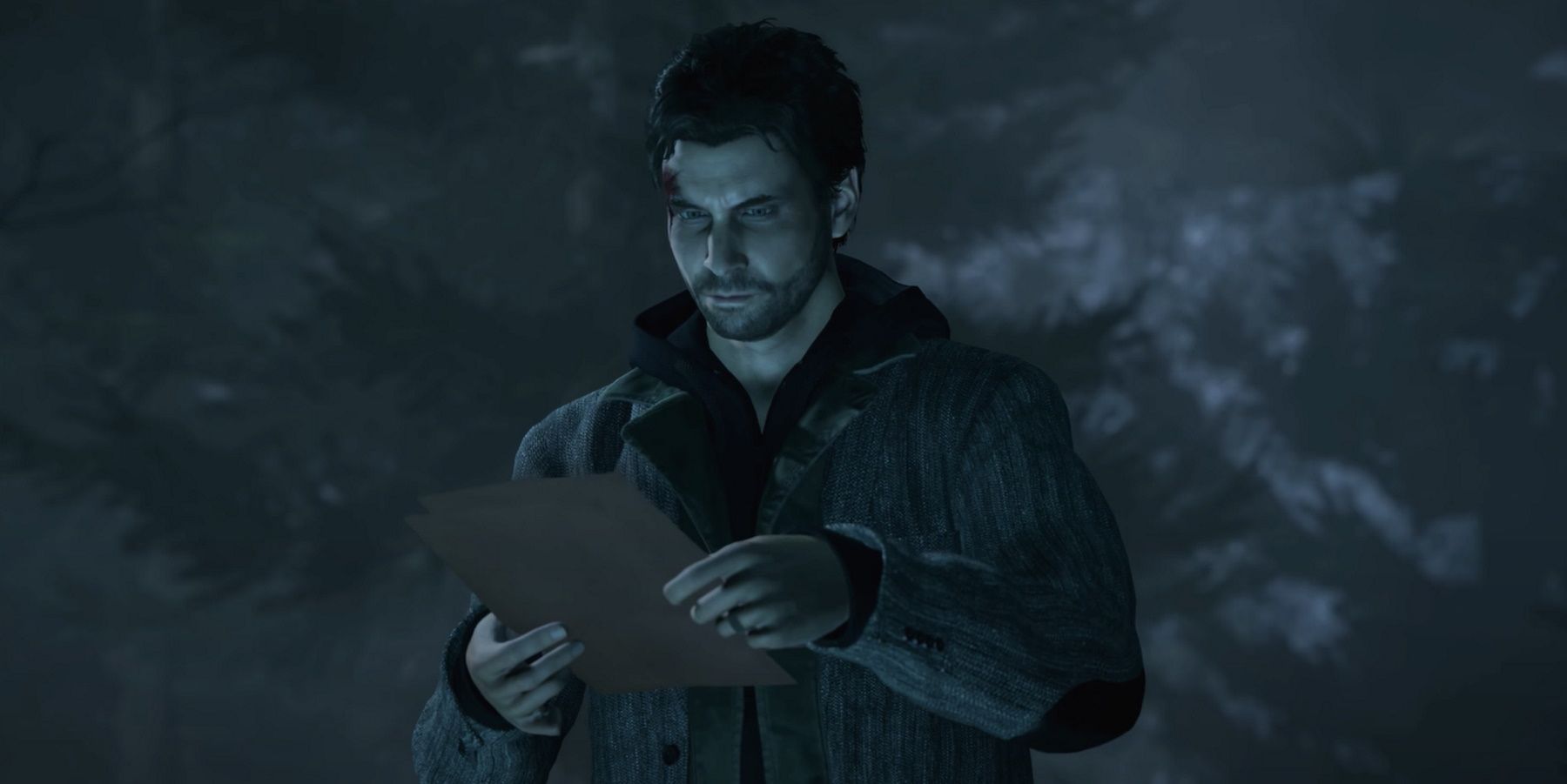 Alan wake reading a manuscript page from his novel Departure