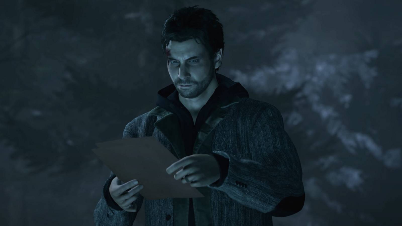 Alan wake reading a manuscript page from his novel Departure