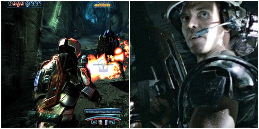 Commander Shepard wields a flamethrower against the Rachni, and Michael Biehn in Aliens.