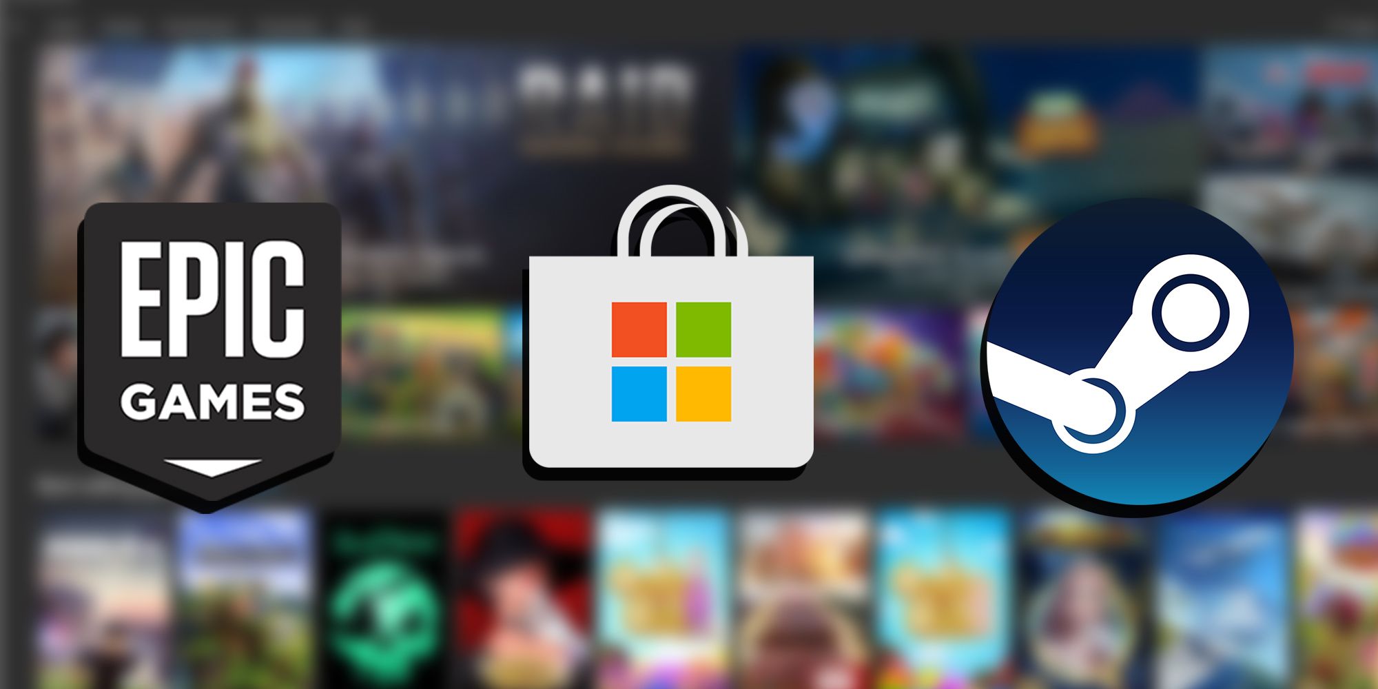 All Three Logo PNGs For Steam, Epic Game Store, And Microsoft Store, All Overlaid On Image Of Microsoft Store UI