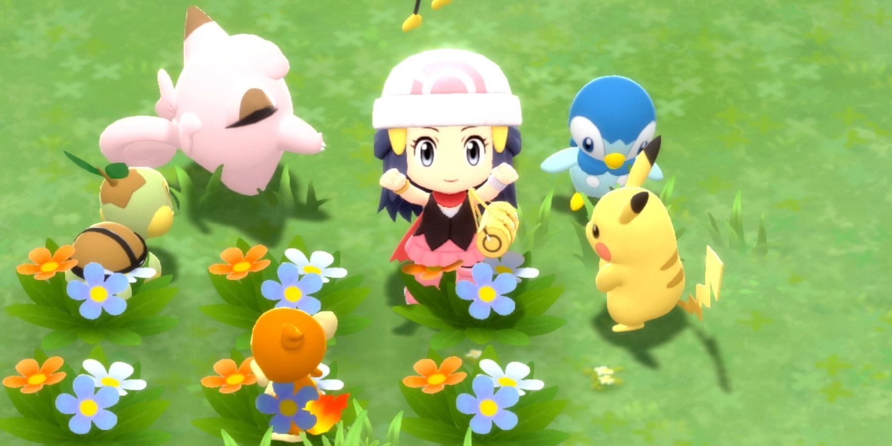Dawn visiting Amity Square with Turtwig, Piplup, Clefairy, Pikachu, Chimchar, and Drifloon in Pokemon Brilliant Diamond and Shining Pearl