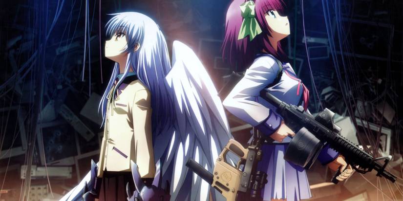 Angel and Yuri standing back to back holding weapons in Angel Beats