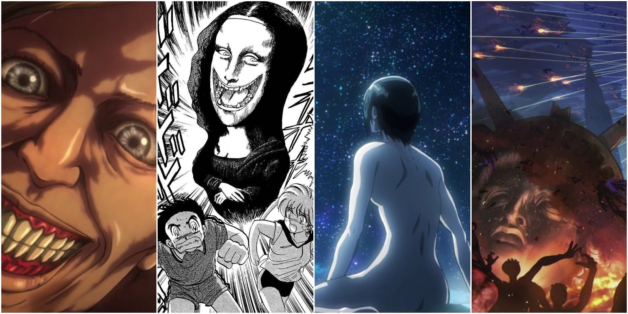 Attack on Titan influences split image large menacing grinning face, two manga characters running from a laughing figure, an anime character looking up at the starry sky and characters waving arms as a statue is eemingly struck by flaming projectiles