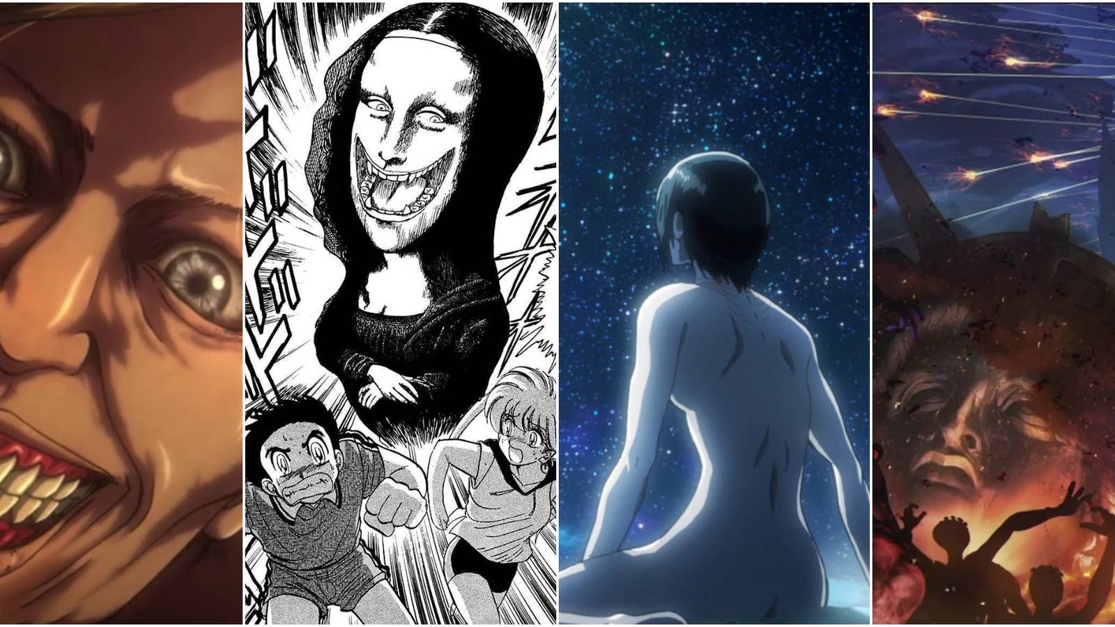 Attack on Titan influences split image large menacing grinning face, two manga characters running from a laughing figure, an anime character looking up at the starry sky and characters waving arms as a statue is eemingly struck by flaming projectiles