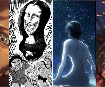 Attack on Titan influences split image large menacing grinning face, two manga characters running from a laughing figure, an anime character looking up at the starry sky and characters waving arms as a statue is eemingly struck by flaming projectiles