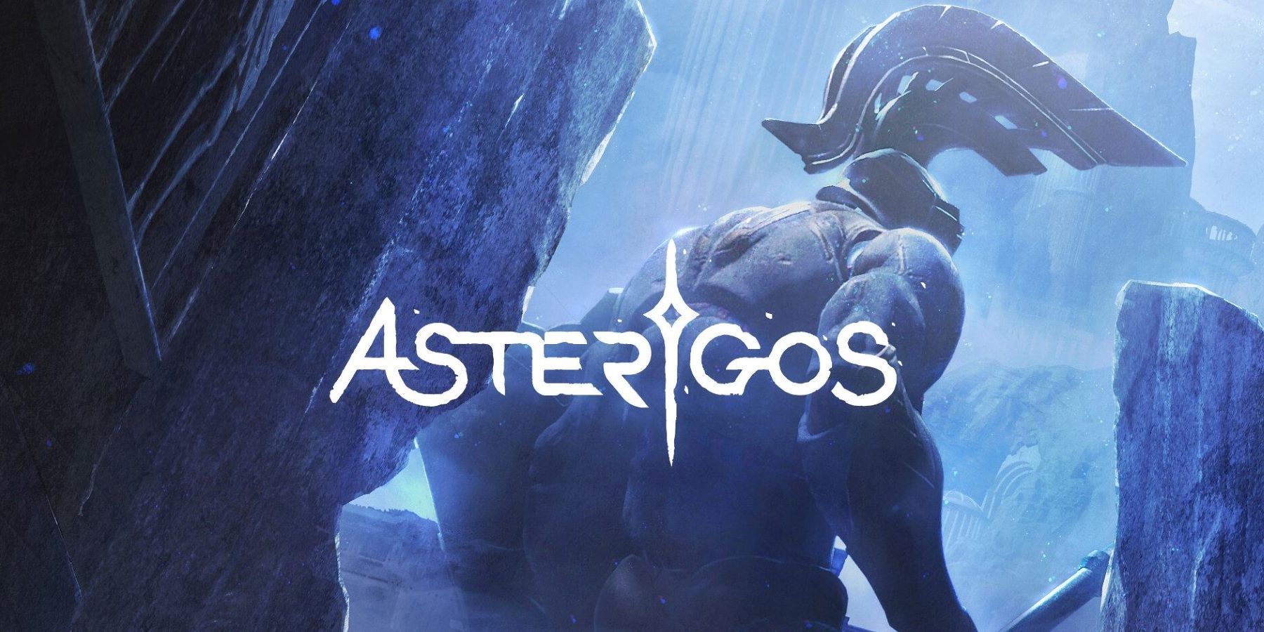 Asterigos logo with a giant warrior in the background