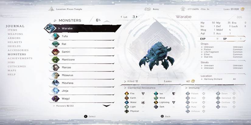 The journal menu from Astria Ascending