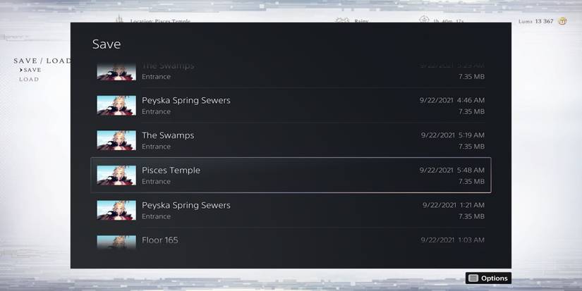 The save menu from Astria Ascending