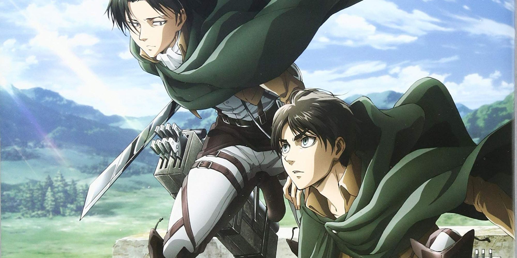Eren and Levi with swords and ODM gear in Attack On TItan