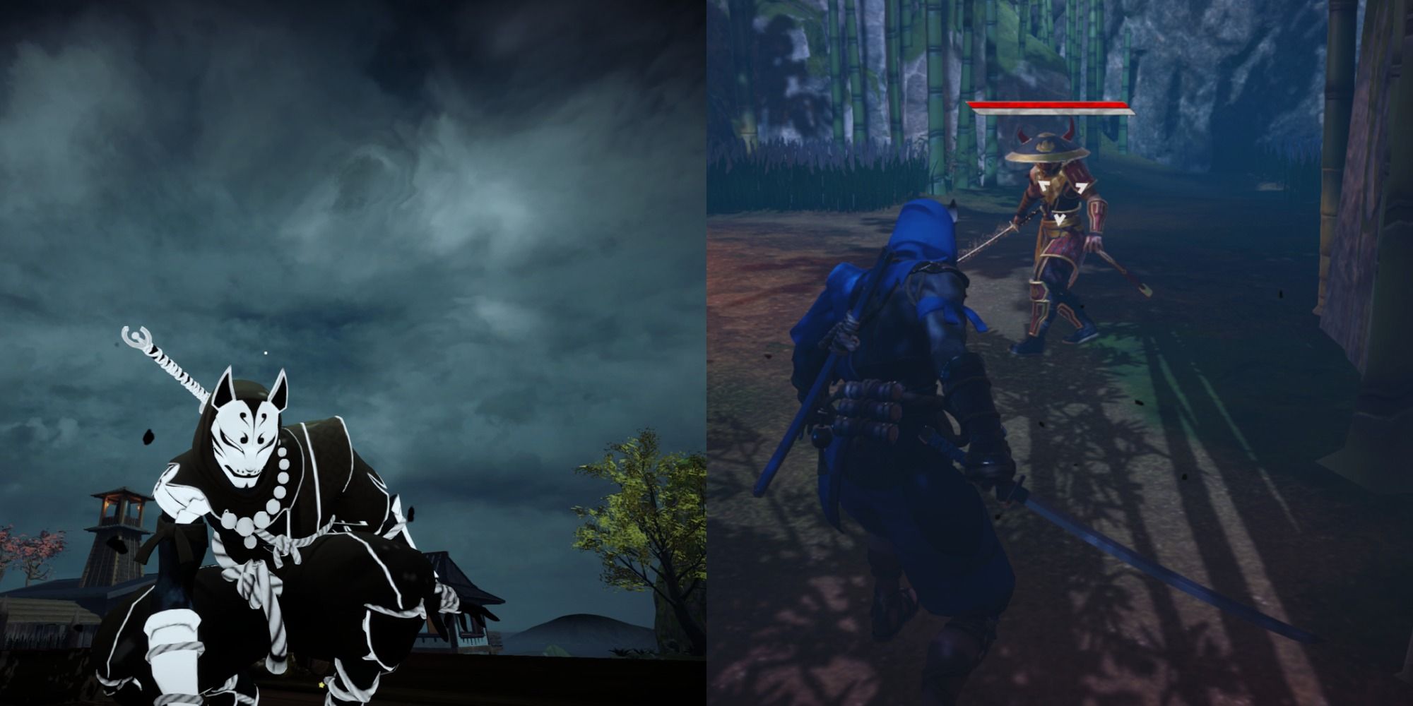 Split image Aragami crouching against a gray sky and Aragami stand-off with man in helmet Aragami 2