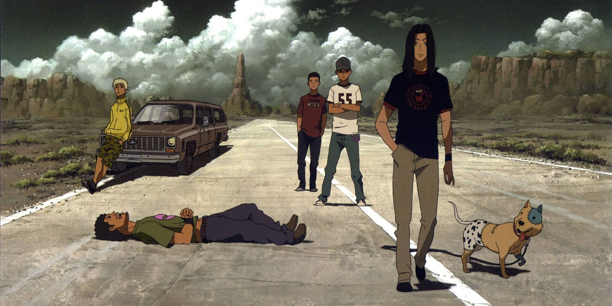 The dog and band from Beck: Mongolian Chop Squad hanging out on an empty road