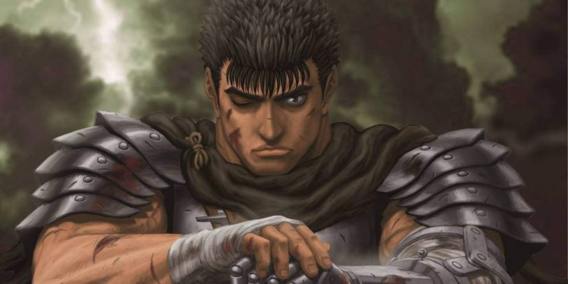 Guts posing with his sword and armor in Berserk