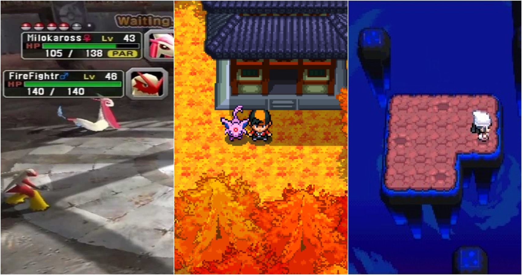 Split image of Pokemon Colosseum, HeartGold, and Diamond Distortion World